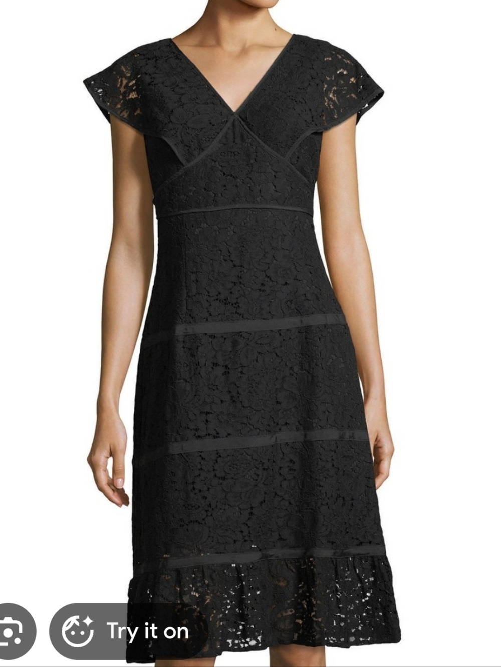 Nanette Lepore Black Lace V‑Neck Cap Sleeve Midi Dress